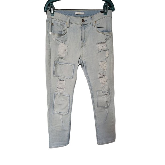 7 For All Mankind Distressed Patch Boyfriend Jeans 26 Rigid Light Washed Denim - Picture 8 of 8